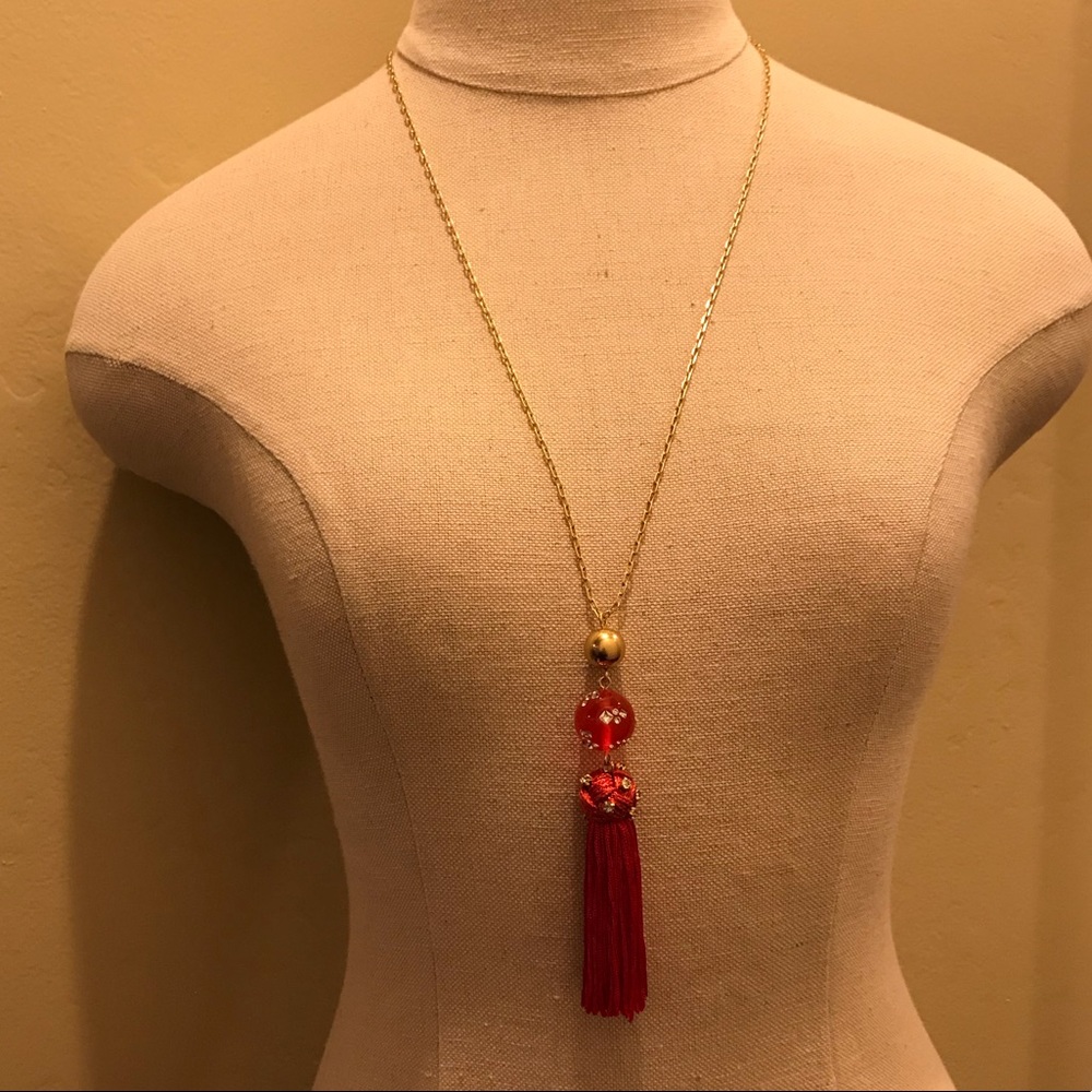 J Crew Crystal-Studded Tassel Red Gold Tone Necklace